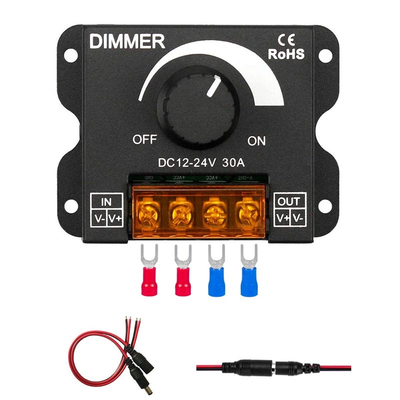 Puly LED Light Strip Dimmer, DC 12V-24V 30A PWM Dimming Controller for Dimmer Knob Adjust Brightness ON/Off Switch with Aluminum Housing, Single Channel for 5050 3538 5630 Single Color Light Ribbon - Image 1